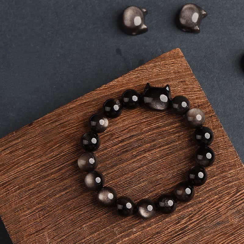 Karma Stone Gold Sheen Obsidian Silver Sheen Obsidian Lovely Paw Lucky Cat Protection Bracelet