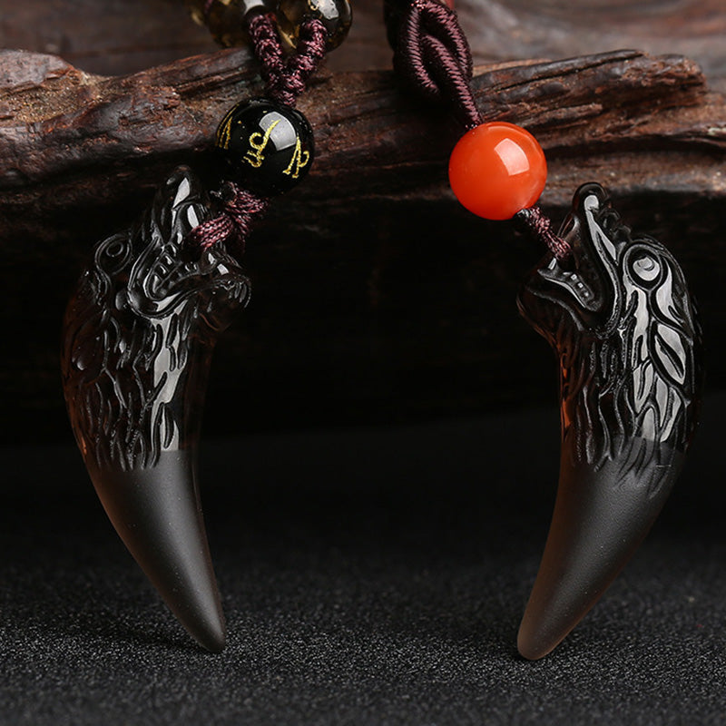 Karma Stone Natural Ice Obsidian Wolf Tooth Pattern Courage Necklace Pendant