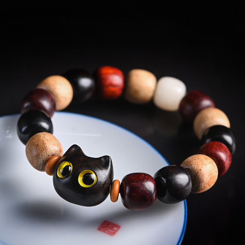 Karma Stone Small Leaf Red Sandalwood Ebony Wood Cute Cat Engraved Protection Bracelet