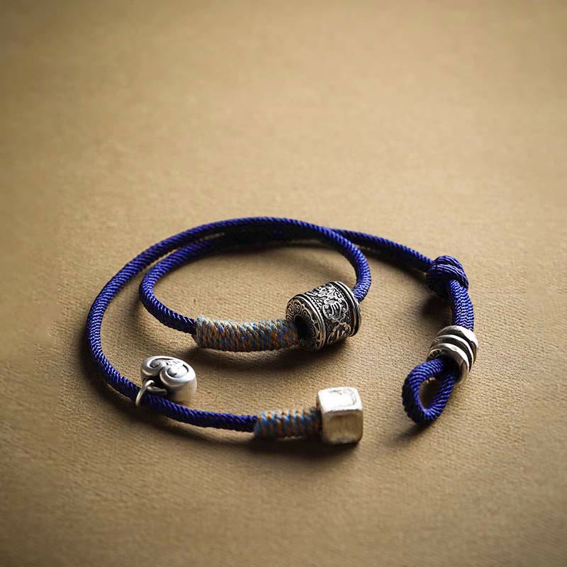 Karma Stone Handmade Tibetan Om Mani Padme Hum Carved Auspicious Amulet Double Wrap Rope Bracelet