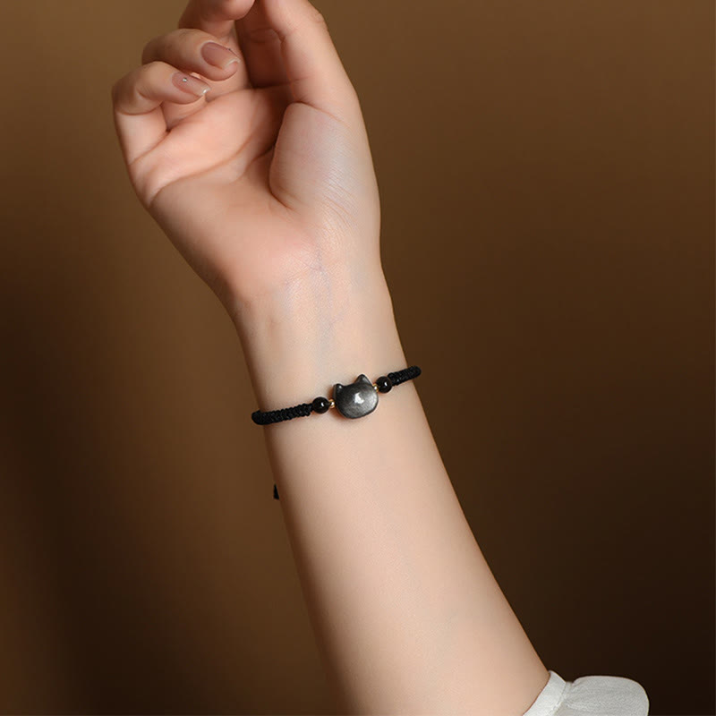 Karma Stone Handmade Natural Silver Sheen Obsidian Strawberry Quartz Cute Cat Protection Braided Bracelet