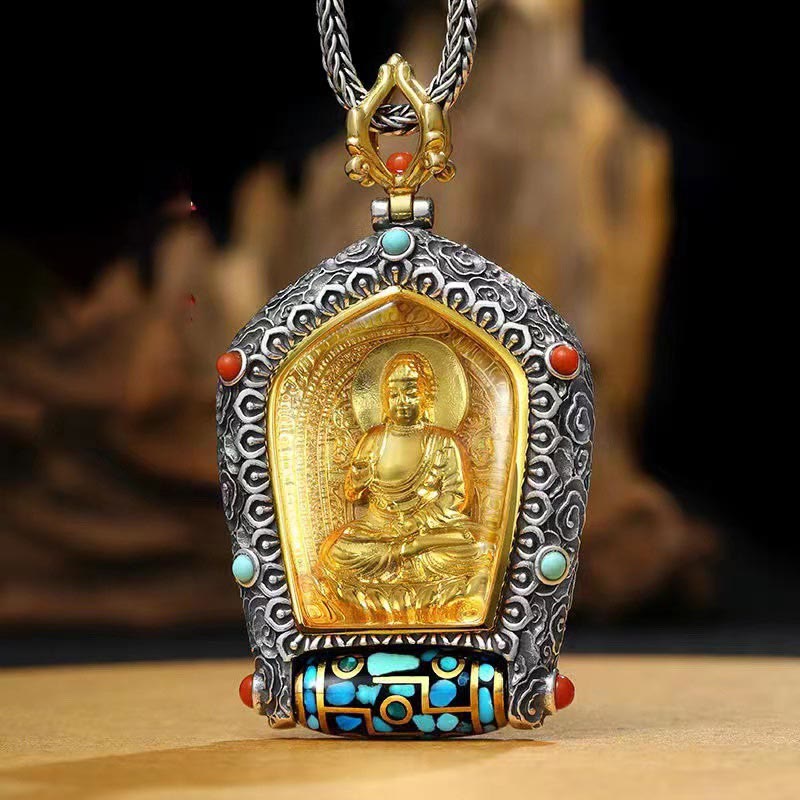 Karma Stone Tibet Chinese Zodiac Natal Buddha Thangka Prosperity Rotatable Dzi Bead Necklace Pendant