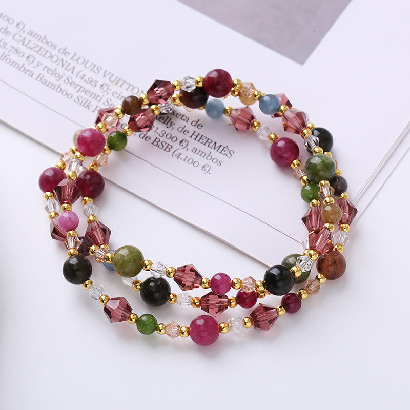 Karma Stone Natural Tourmaline Strawberry Quartz Amethyst Peace Wisdom Double Wrap Bracelet