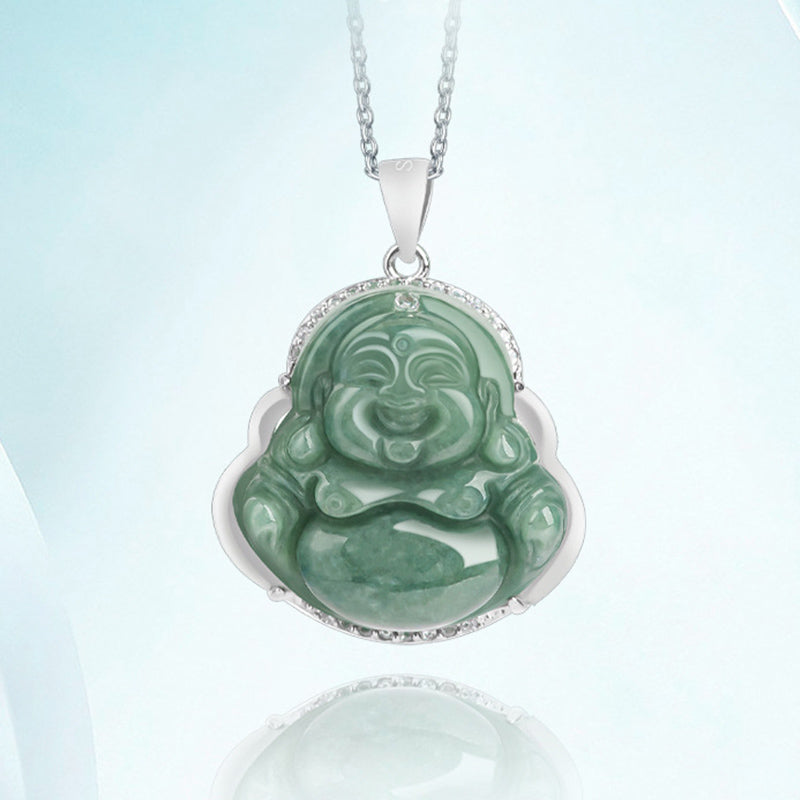 Karma Stone 925 Sterling Silver Laughing Buddha Jade Abundance Necklace Chain Pendant