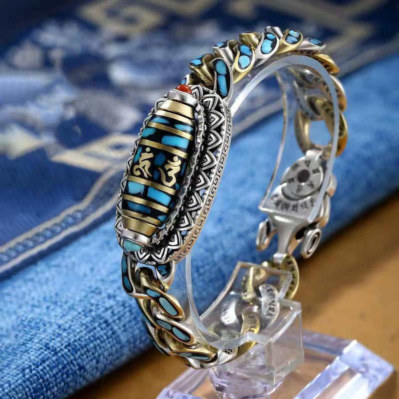 Karma Stone Tibetan Nine-Eye Dzi Bead Om Mani Padme Hum Turquoise Protection Rotatable Bracelet
