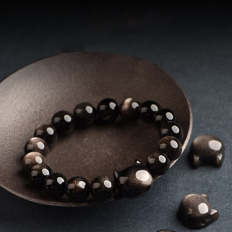 Karma Stone Gold Sheen Obsidian Silver Sheen Obsidian Lovely Paw Lucky Cat Protection Bracelet