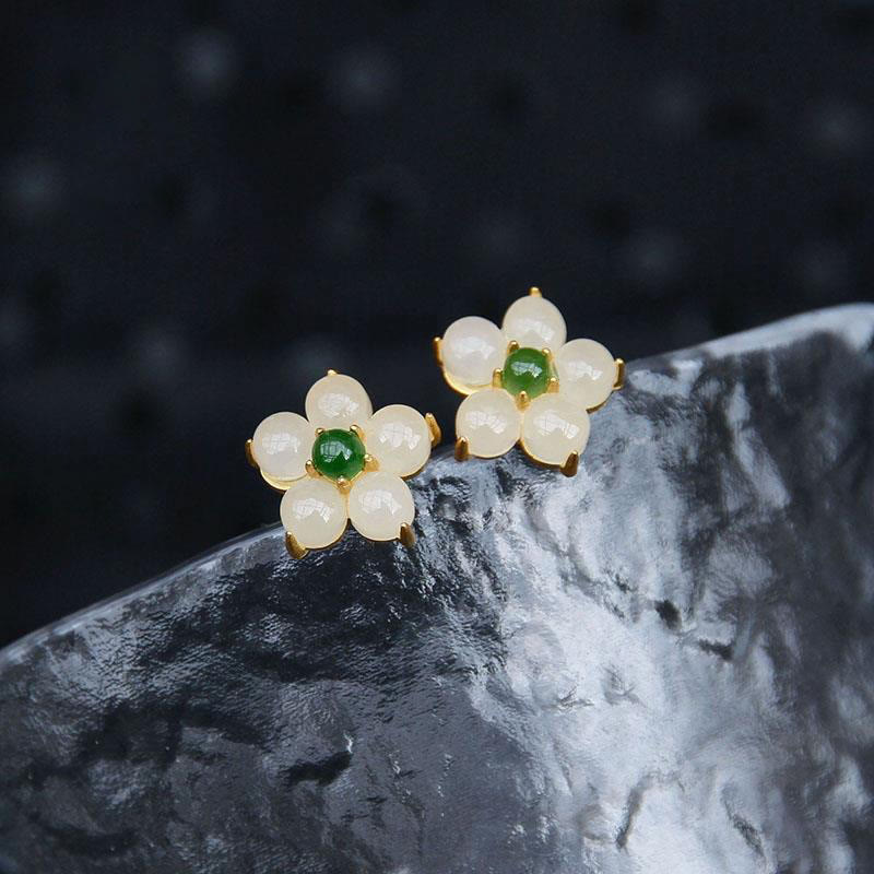 Karma Stone White Jade Flower Luck Blessing Stud Earrings
