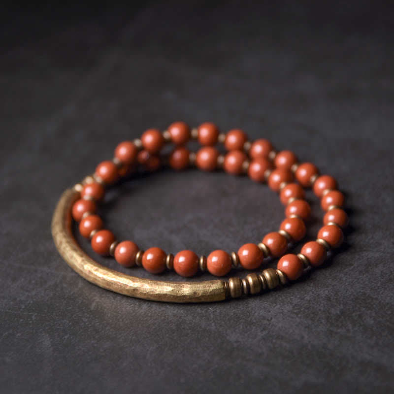 Karma Stone Red Jasper Moss Agate Black Obsidian Crystal Copper Peace Couple Bracelet