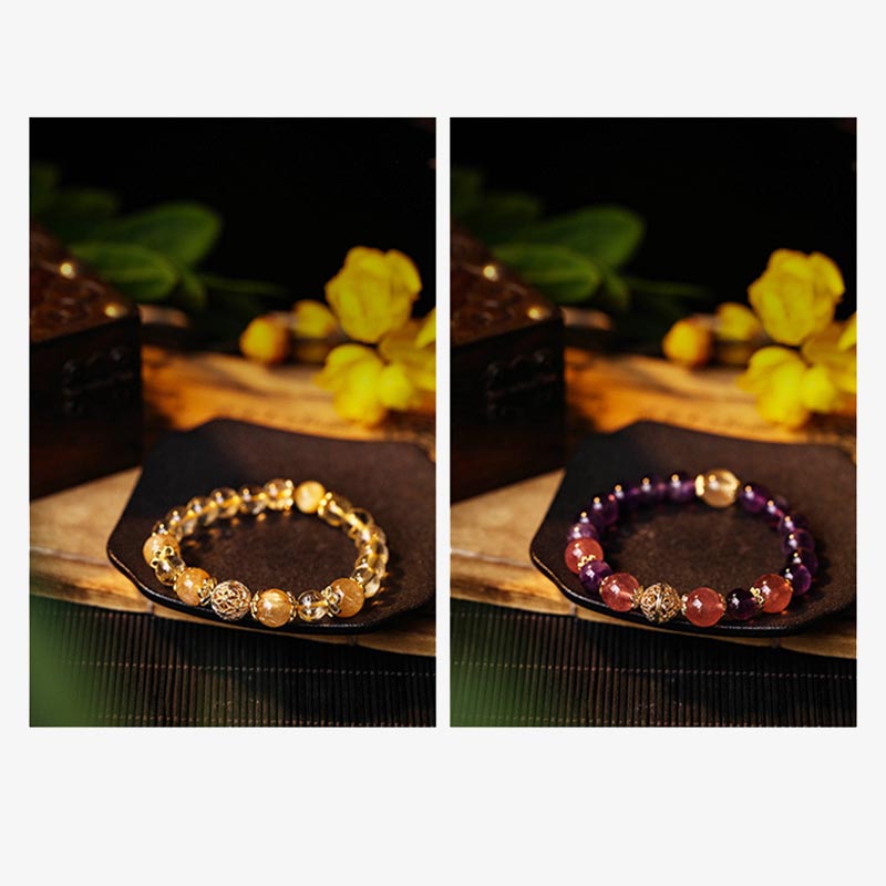 Karma Stone Natural Citrine Amethyst Rutilated Quartz Prosperity Protection Bracelet