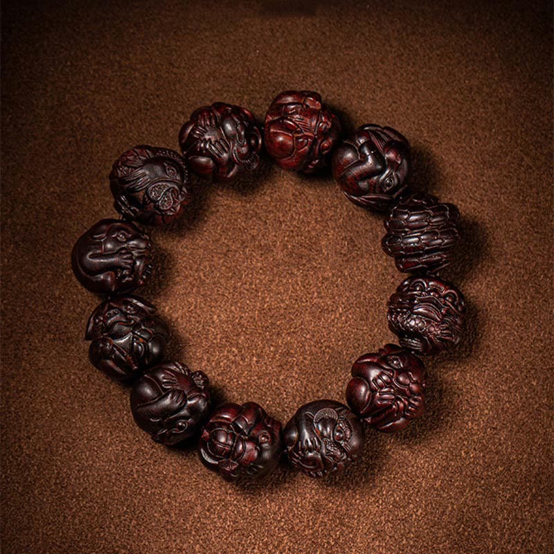 Karma Stone Chinese Zodiac Engraved Small Leaf Red Sandalwood Protection Bracelet