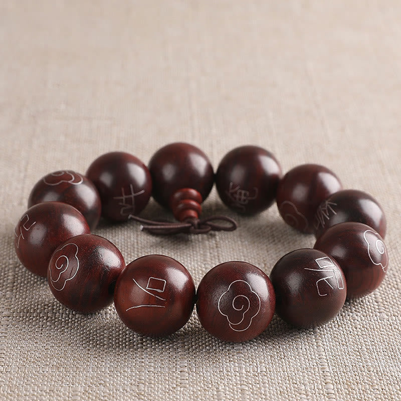 Karma Stone 925 Sterling Silver Inlaid Small Leaf Red Sandalwood Om Mani Padme Hum Character Auspicious Clouds Protection Bracelet