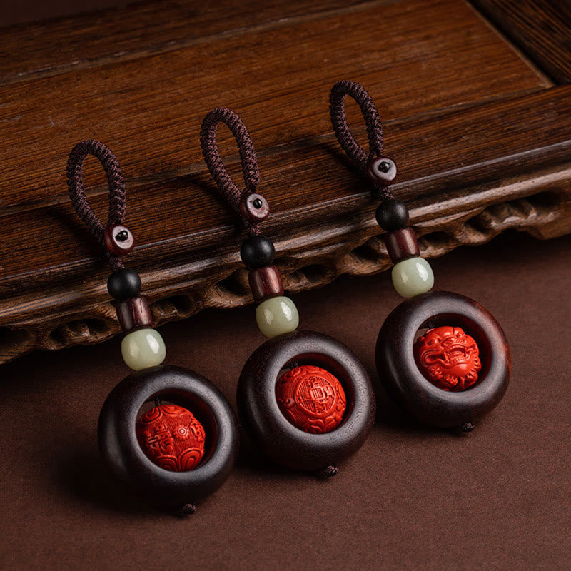 Karma Stone Tibet Om Mani Padme Hum PiXiu Copper Coin Small Leaf Red Sandalwood Cinnabar Protection Key Chain