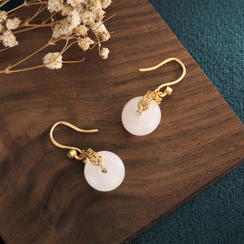 Karma Stone White Jade Double Happiness Fortune Earrings