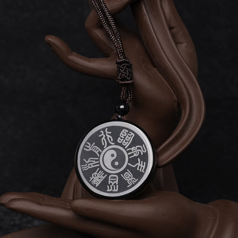 Karma Stone Black Obsidian Taoism Five Sacred Mountains Nine-Character Mantra Carved Purification Yin Yang Necklace Pendant