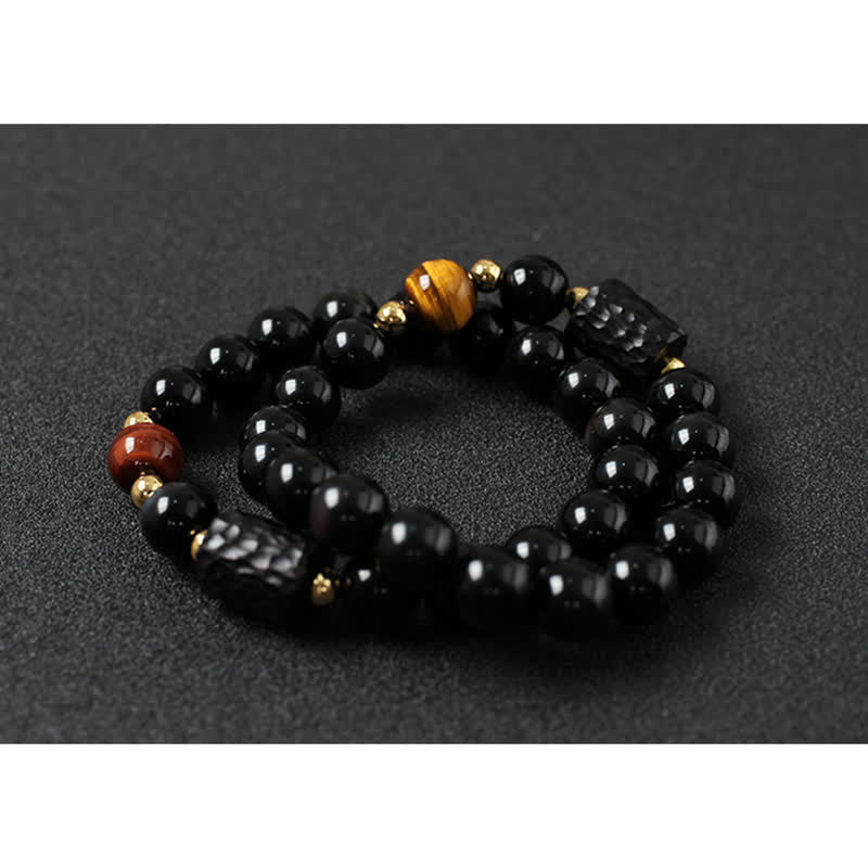 Karma Stone Black Obsidian Ebony Wood Red Tiger Eye Strength Couple Bracelet