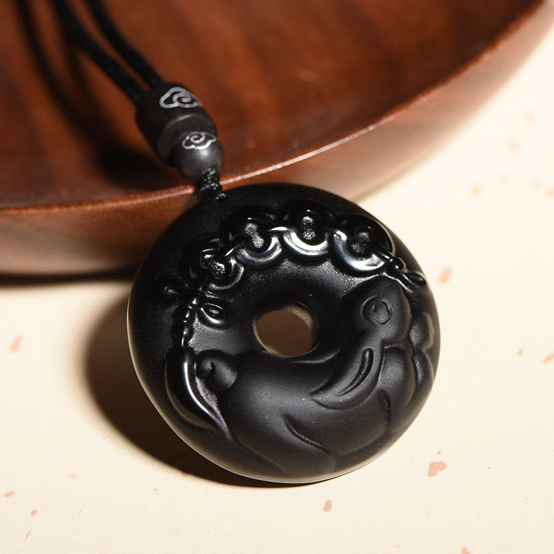 Karma Stone Chinese Zodiac Natural Black Obsidian Peace Buckle Strength Necklace Pendant