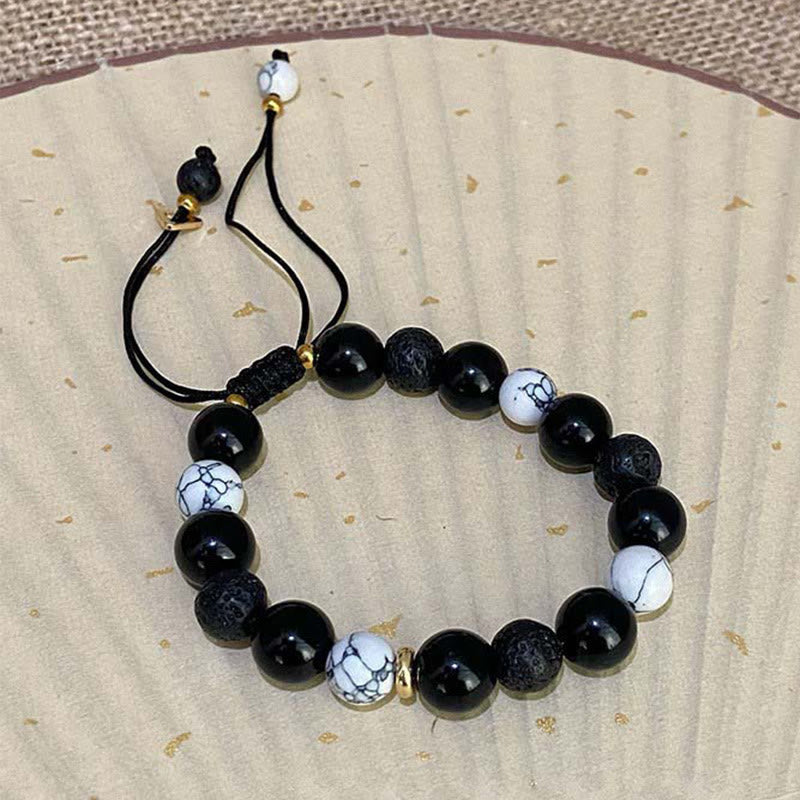 Karma Stone Black Obsidian Lava Rock Stone Yin Yang Strength Bracelet