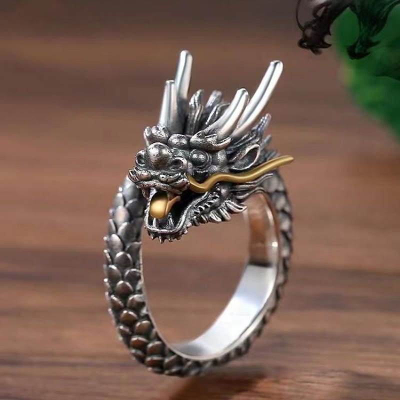 Karma Stone 925 Sterling Silver Vintage Dragon Design Protection Strength Adjustable Ring