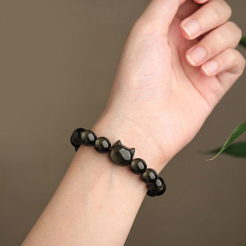 Karma Stone Gold Sheen Obsidian Silver Sheen Obsidian Lovely Paw Lucky Cat Protection Bracelet