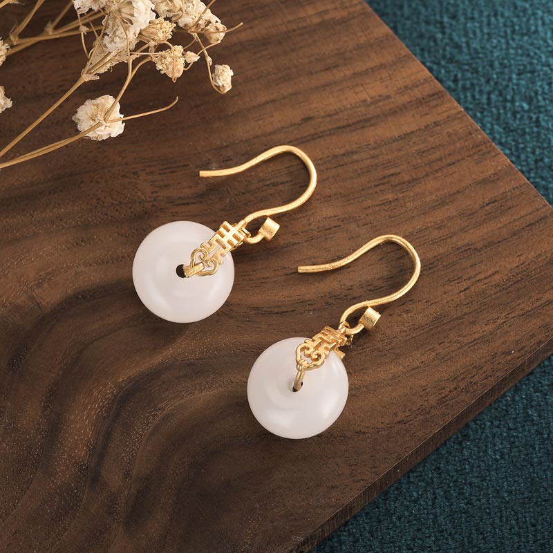 Karma Stone White Jade Double Happiness Fortune Earrings