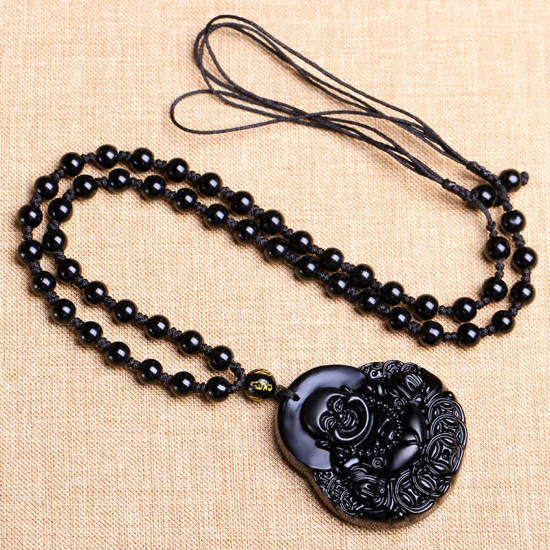Karma Stone Laughing Buddha Black Obsidian Strength Protection Pendant Necklace