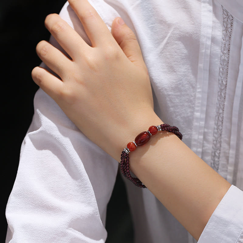 Karma Stone Natural Garnet Red Agate Protection Triple Layer Bracelet