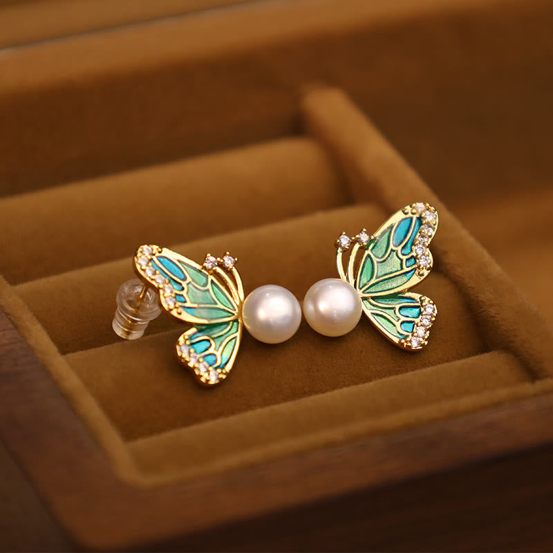 Karma Stone 925 Sterling Silver Posts 18K Gold Plated Copper Natural Pearl Butterfly Healing Stud Earrings