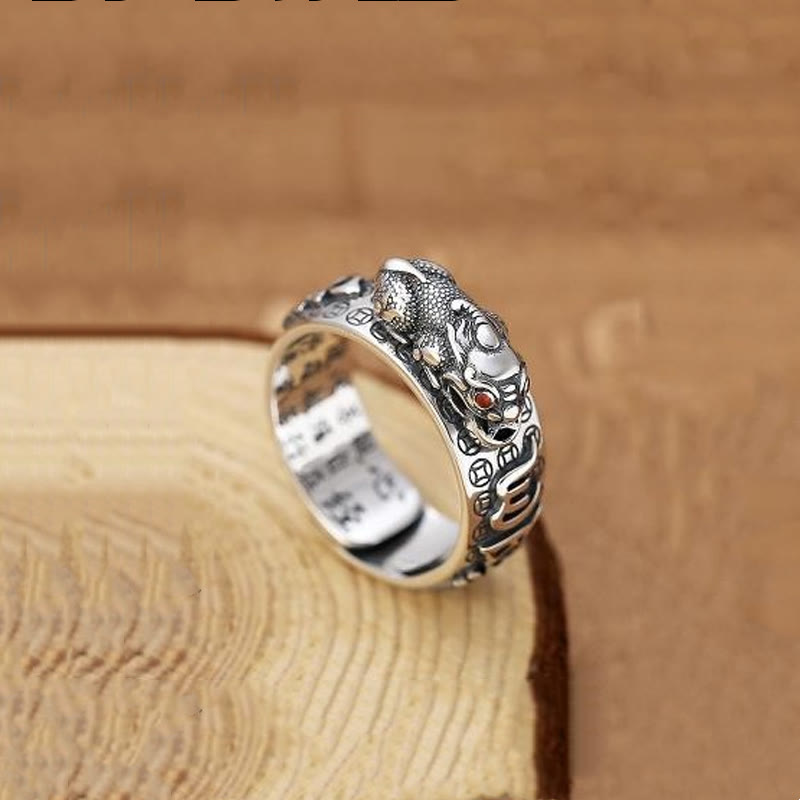 Karma Stone Tibetan 990 Sterling Silver Om Mani Padme Hum PiXiu Dorje Vajra Heart Sutra Engraved Wealth Ring