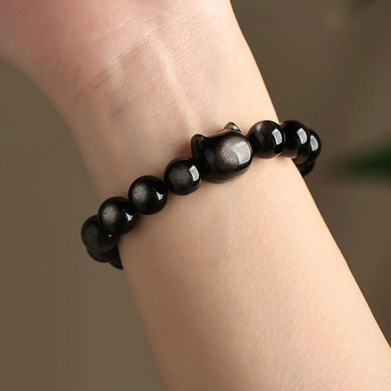 Karma Stone Gold Sheen Obsidian Silver Sheen Obsidian Lovely Paw Lucky Cat Protection Bracelet
