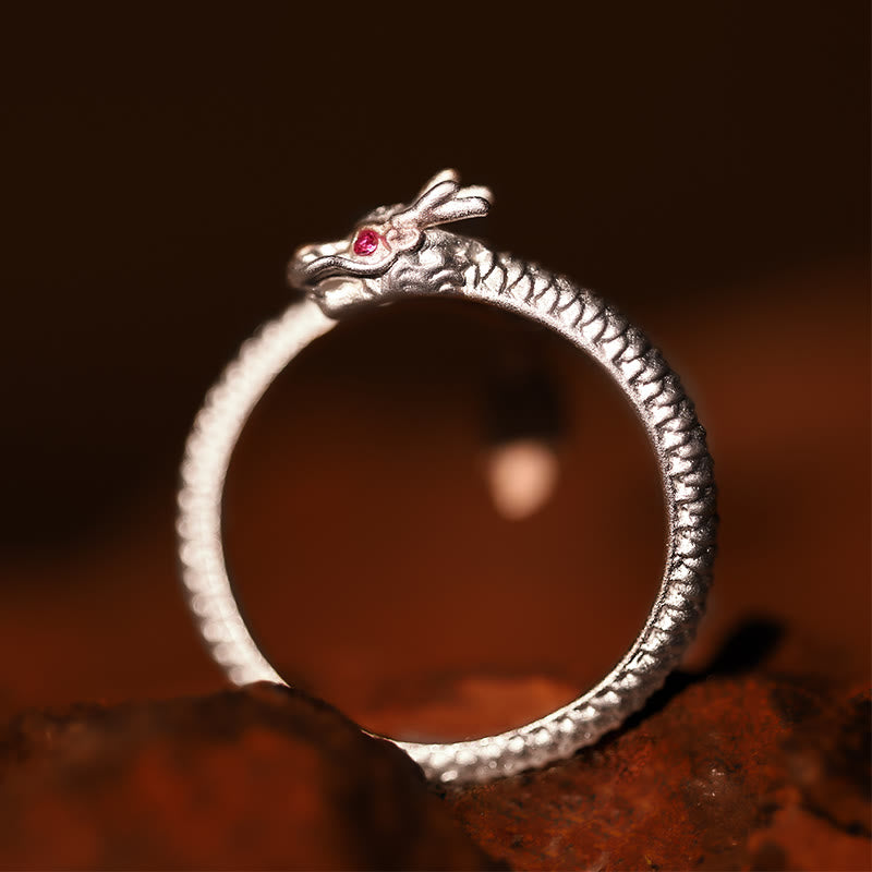 Karma Stone 925 Sterling Silver Vintage Year of the Dragon Luck Protection Strength Adjustable Ring