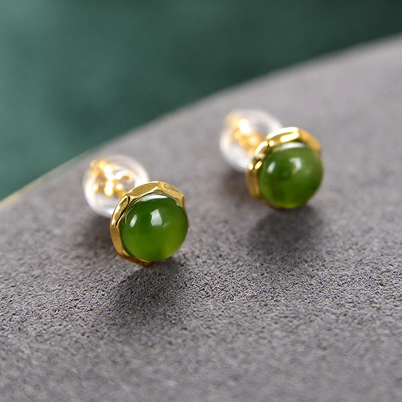 Karma Stone 925 Sterling Silver Plated Gold Natural Hetian Cyan Jade Bead Luck Stud Earrings