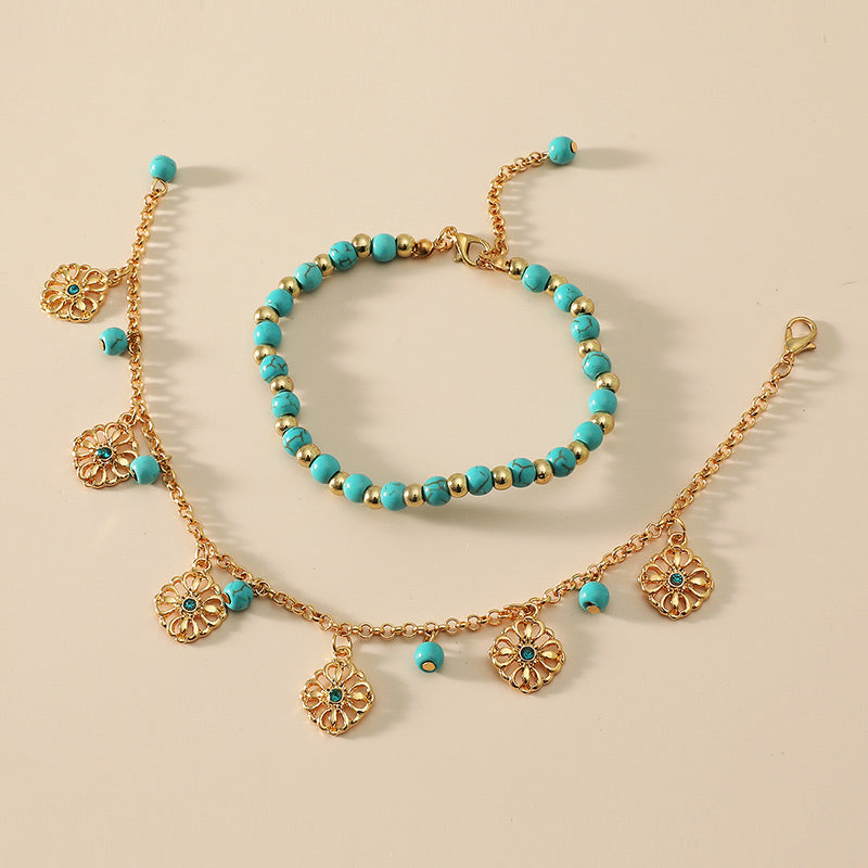 Karma Stone 2Pcs Turquoise Stone Flower Protection Bracelet Anklet