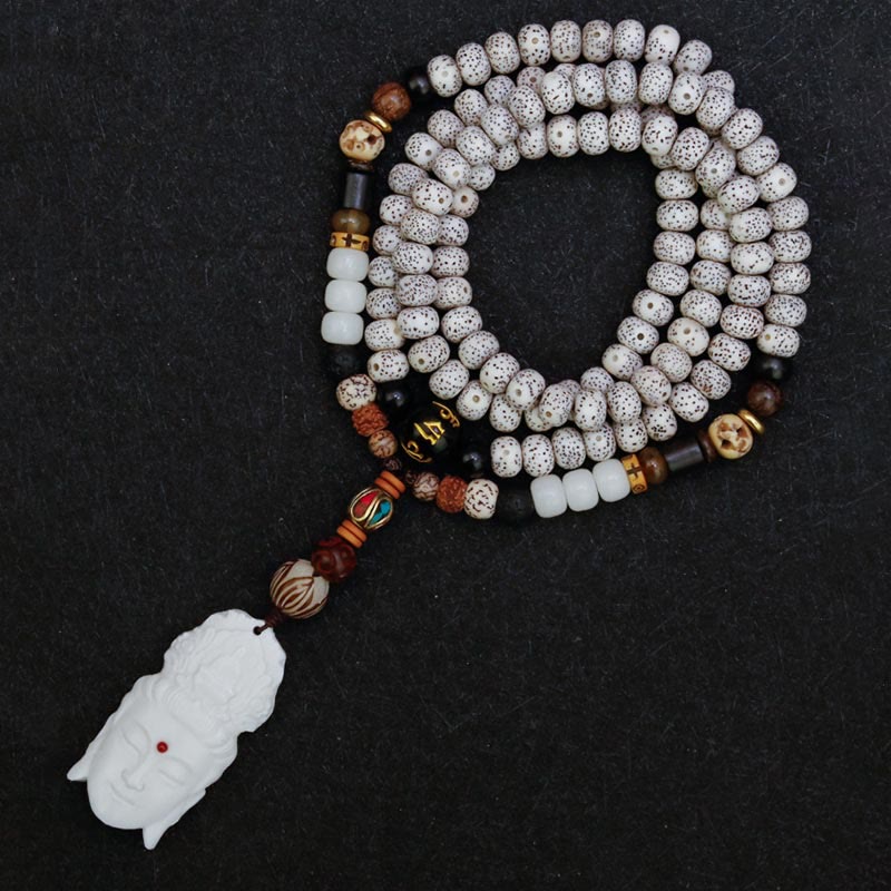 Karma Stone 108 Mala Beads Bodhi Seed Yak Bone Avalokitesvara Lucky Pixiu Guan Gong Buddha Demon Peace Tassel Bracelet