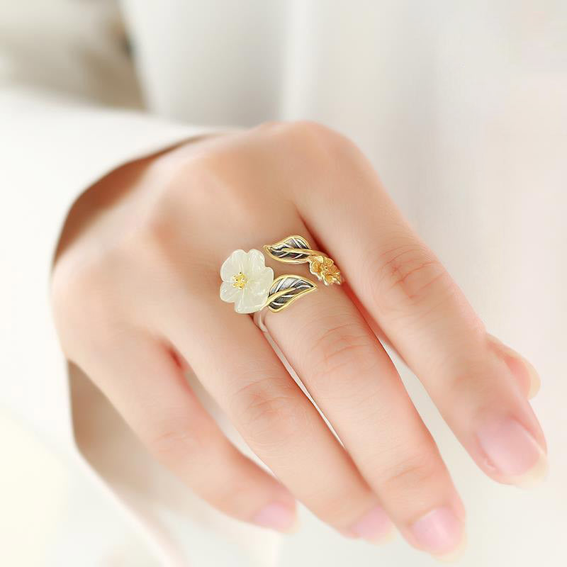 Karma Stone 925 Silver Plated Copper White Jade Plum Flower Leaf Luck Ring