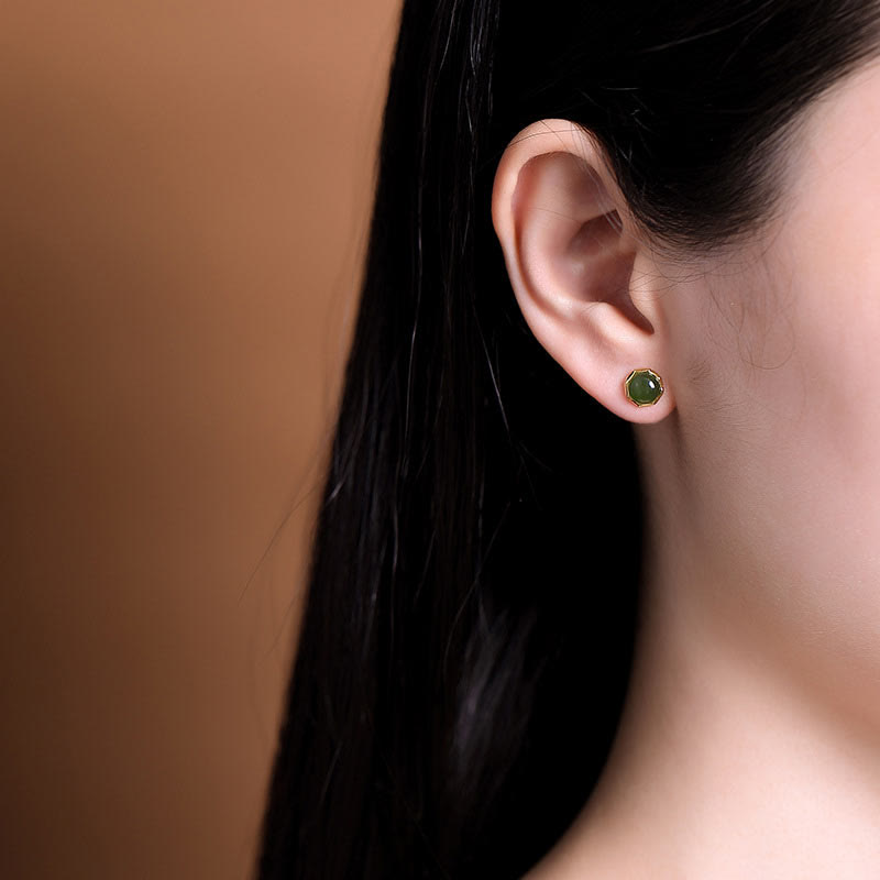 Karma Stone 925 Sterling Silver Plated Gold Natural Hetian Cyan Jade Bead Luck Stud Earrings