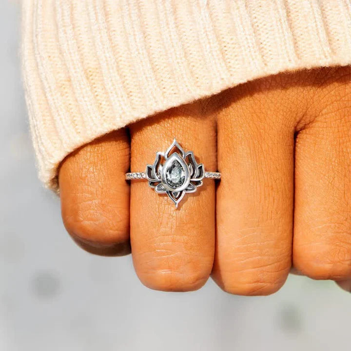 Karma Stone Sterling Silver Lotus Zircon Blessing Protection Ring