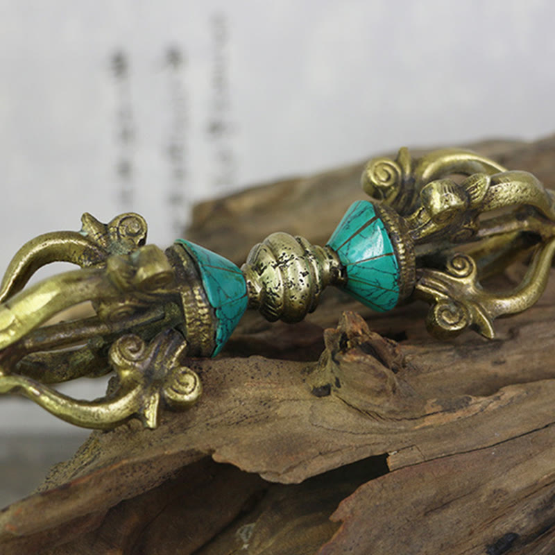 Karma Stone Tibetan Five Prong Vajra Dorje Handcrafted Nepal Spiritual Power Copper Decoration