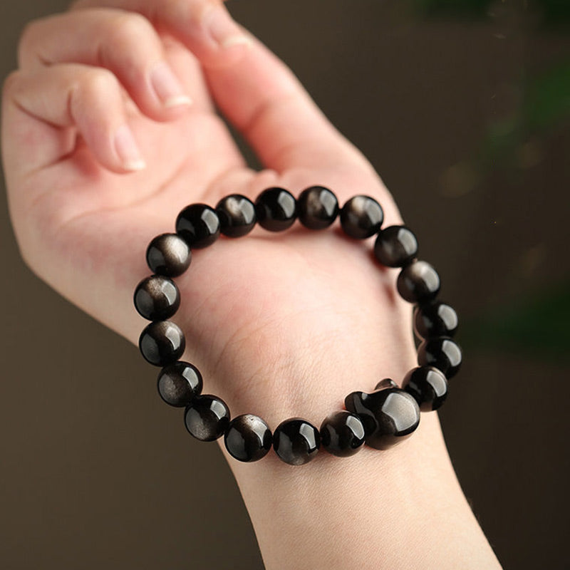 Karma Stone Gold Sheen Obsidian Silver Sheen Obsidian Lovely Paw Lucky Cat Protection Bracelet