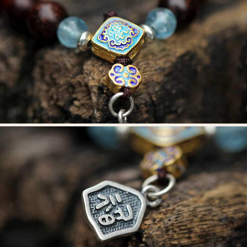 Karma Stone 925 Sterling Silver Indian Small Leaf Red Sandalwood Aquamarine Full of Gold Star Chinese Knotting Blessing Bracelet