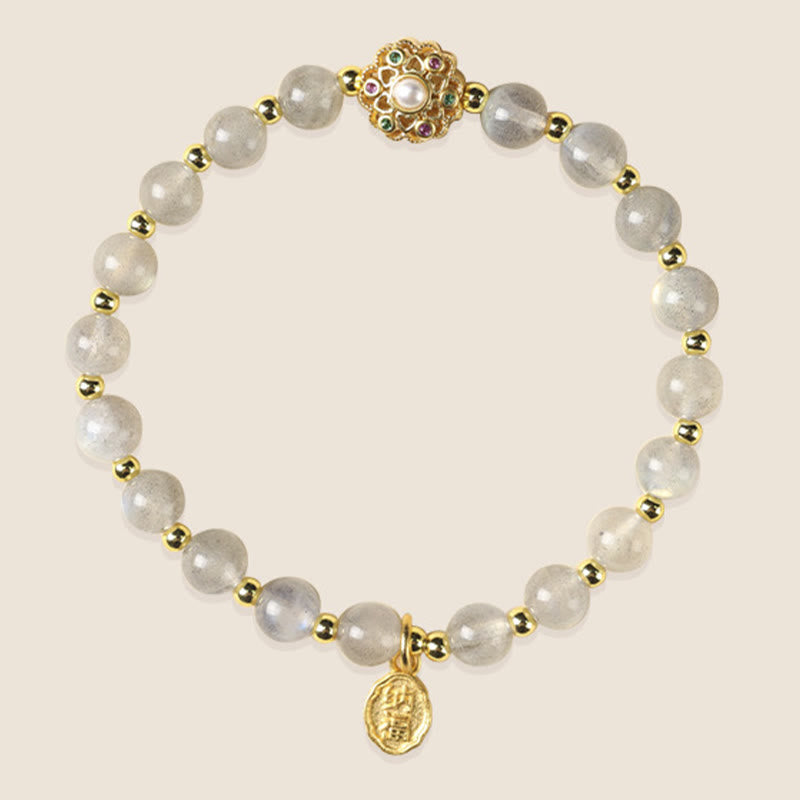 Karma Stone 14K Gold Plated Natural Strawberry Quartz Labradorite Sun Stone Fu Character Positive Charm Bracelet