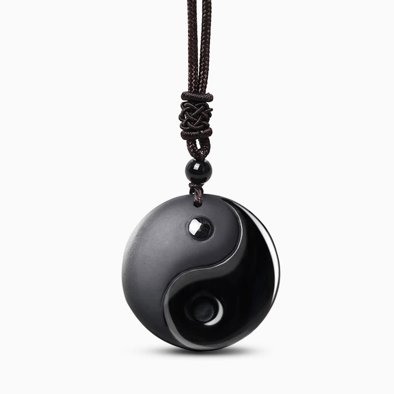 Karma Stone Black Obsidian Taoism Five Sacred Mountains Nine-Character Mantra Carved Purification Yin Yang Necklace Pendant