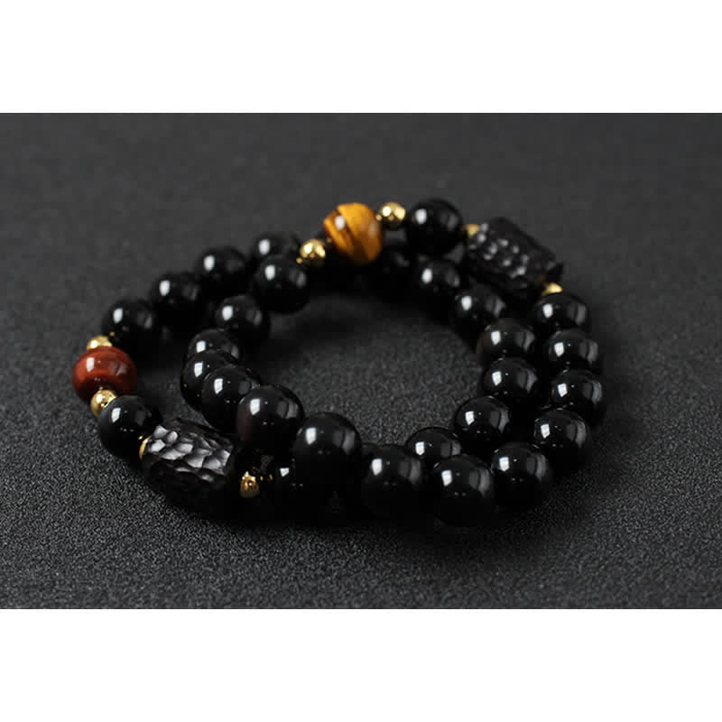 Karma Stone Black Obsidian Ebony Wood Red Tiger Eye Strength Couple Bracelet