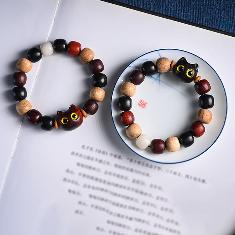 Karma Stone Small Leaf Red Sandalwood Ebony Wood Cute Cat Engraved Protection Bracelet