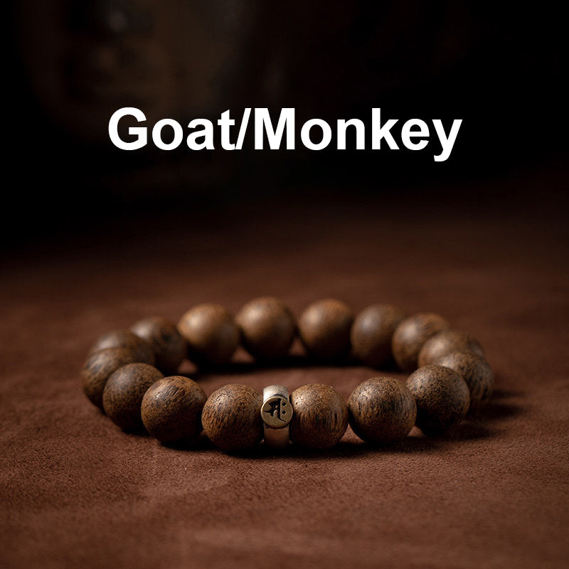 Karma Stone Chinese Zodiac Natal Buddha Natural Agarwood Silver Peace Calm Bracelet