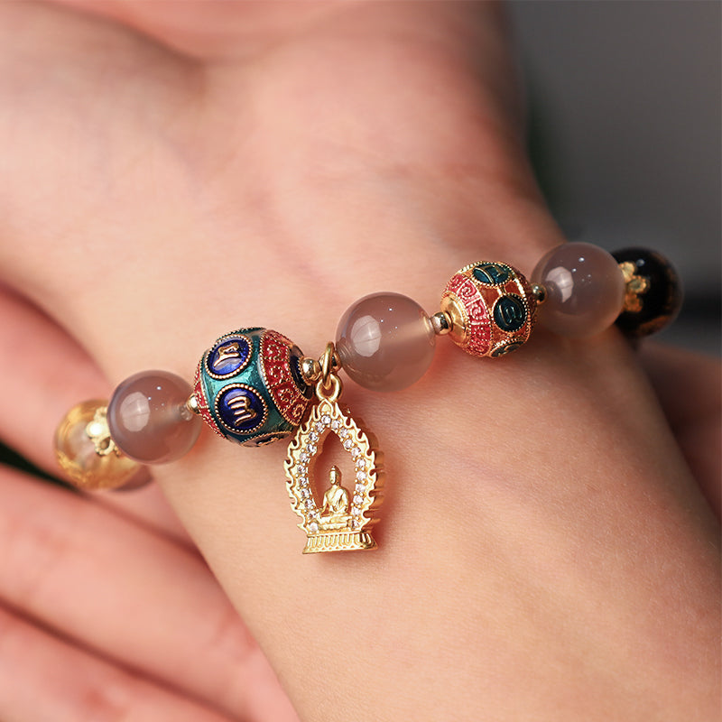 Karma Stone Natural Gray Agate Five Directions Gods of Wealth Om Mani Padme Hum Buddha Charm Bracelet