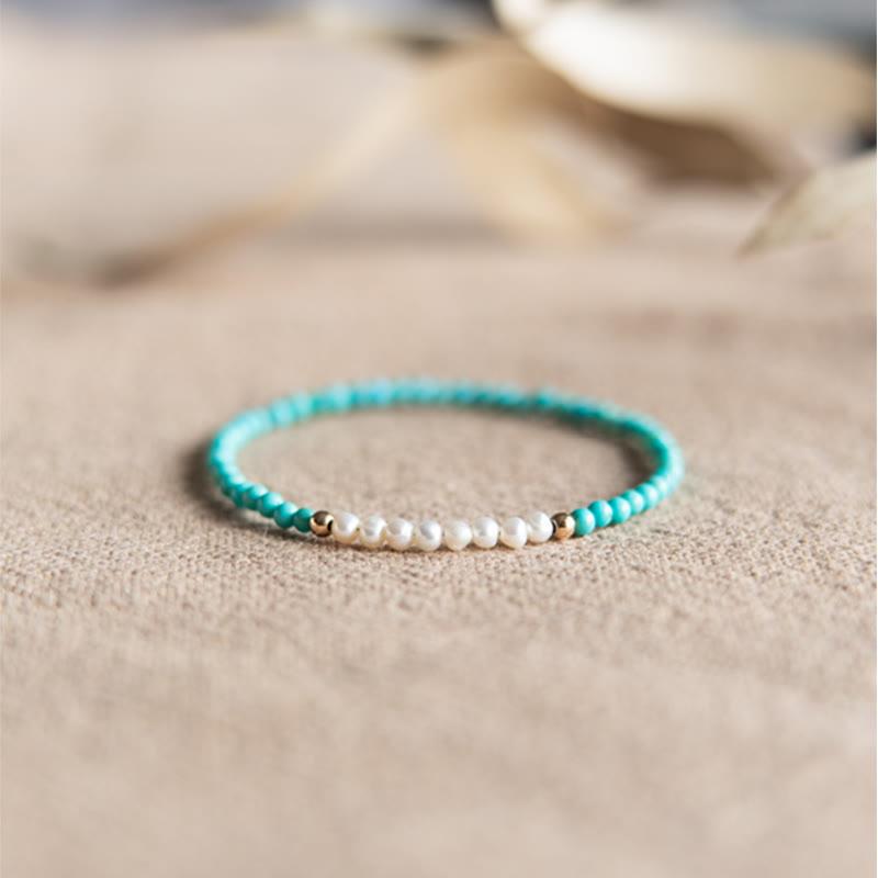 Karma Stone 925 Sterling Silver Natural Turquoise Pearl Beaded Bracelet