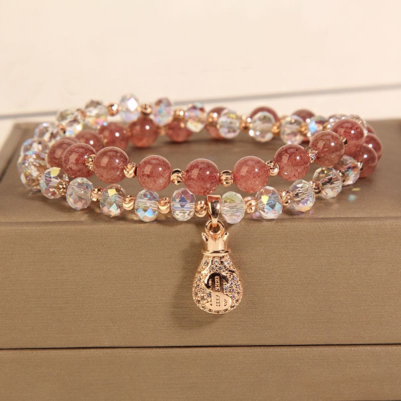 Karma Stone Strawberry Quartz White Crystal Money Bag Charm Positive Bracelet
