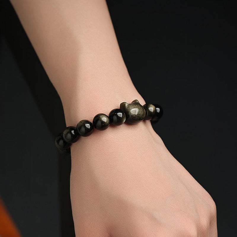 Karma Stone Gold Sheen Obsidian Silver Sheen Obsidian Lovely Paw Lucky Cat Protection Bracelet