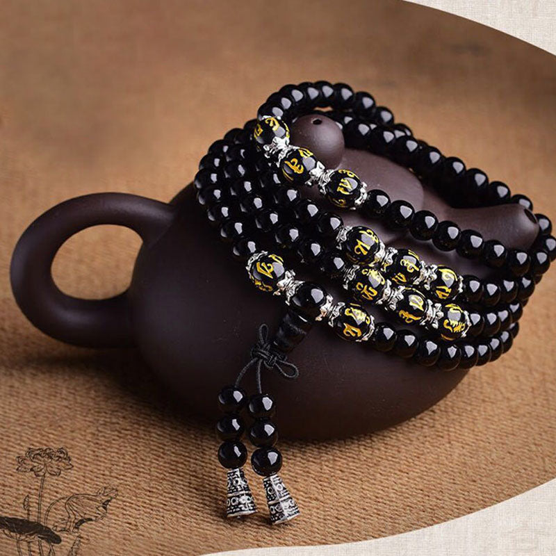 Karma Stone Black Obsidian Six True Words Protection Mala Bracelet