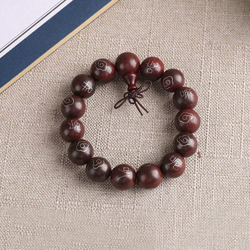 Karma Stone 925 Sterling Silver Inlaid Small Leaf Red Sandalwood Om Mani Padme Hum Character Auspicious Clouds Protection Bracelet